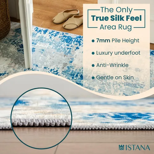 Vista 5 de Istana Alfombra larga antideslizante de 2.5 x 8 para el hogar, para pasillo y cocina, lavable, sedosa y suave al tacto, elegante, color azul y marfil