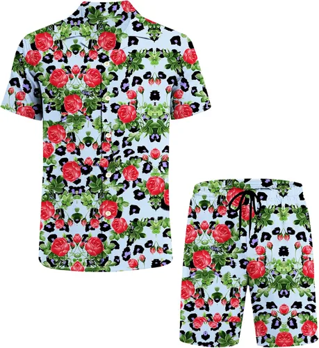 Vista 5 de LUCKYOUNG Conjunto de camisa hawaiana y pantalón corto para hombre, 2 piezas, camisa de manga corta con botones, trajes de vacaciones en la playa