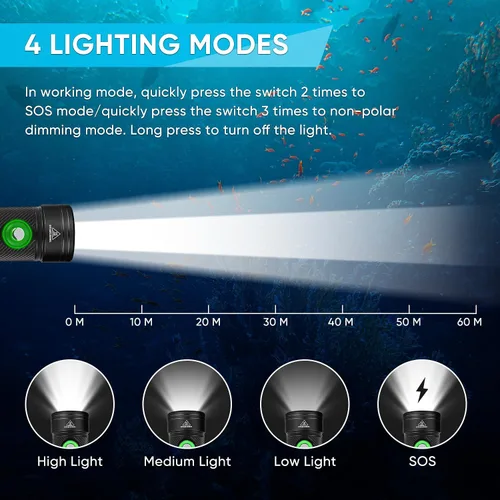 Vista 3 de Linterna de buceo WindFire, linterna impermeable para buceo 262 pies bajo el agua, linterna recargable para snorkel con 4 modos y indicador