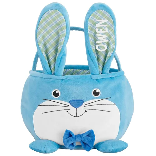 Vista 3 de Let's Make Memories - Canasta de Pascua personalizada con amigos peludos, canasta para niños, diseño de conejito de Pascua azul, solo incluye