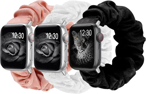 Vista 11 de TOYOUTHS - 3 paquetes compatibles con Apple Watch Band Scrunchies 1.496 in (38 mm) tela suave patrón impreso pulsera de tela para mujer iWatch