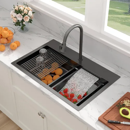 Vista 44 de Sarlai - Fregadero de cocina de cascada de 31 pulgadas, de montaje superior - 31x20 Fregadero de cocina con borde y estación de trabajo, de acero