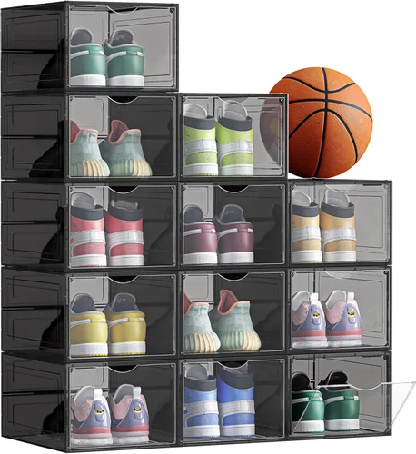Vista 7 de SONGMICS Cajas de zapatos, organizadores de zapatos transparentes, juego de 6, almacenamiento de zapatos de plástico con puerta transparente, fácil
