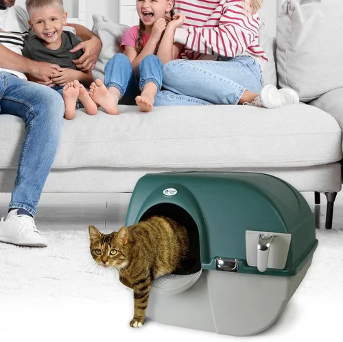 Vista 8 de Omega Paw VMRA20-1-PR Premium Roll 'N Clean - Caja de arena grande autolimpiante con escalón de arena integrado y parrilla de tamizado única, verde