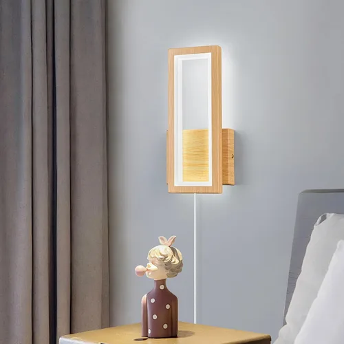 Vista 3 de Apliques de pared modernos de color madera enchufables de 18 W, lámpara de pared LED simple para interiores, 6000 K, luces de pared rectangulares