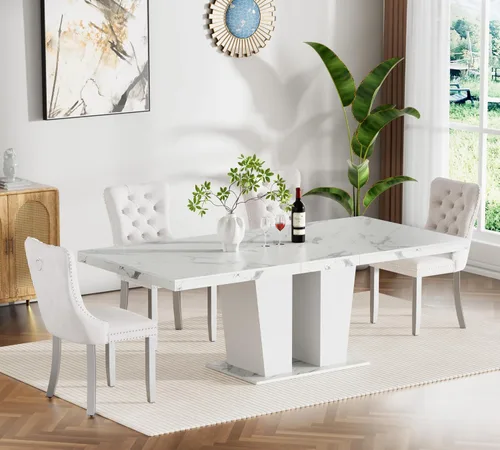 Vista 33 de Juego de mesa de comedor extensible de 5 piezas con 4 sillas de tela, mesa extensible marrón con base negra, juego moderno de comedor de madera