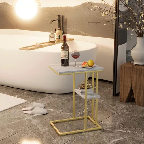 Vista 5 de Easy Paws - Mesa auxiliar en forma de C, mesa lateral pequeña para sofá y cama, mesa de aperitivos dorada para espacios pequeños, sala de estar