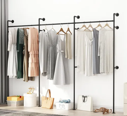 Vista 10 de ORSENIGO Perchero industrial de tubería, perchero de ropa de metal resistente con dobles varillas para colgar ropa, perchero de exhibición de ropa