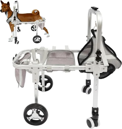 Vista 17 de Silla de ruedas ajustable para patas traseras, cochecito de perro de 4 ruedas con asa, silla de ruedas ligera para mascotas discapacitadas, patas