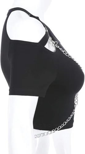 Vista 5 de Women Punk Gothic T-Shirt Chains Harajuku Black Crop Top