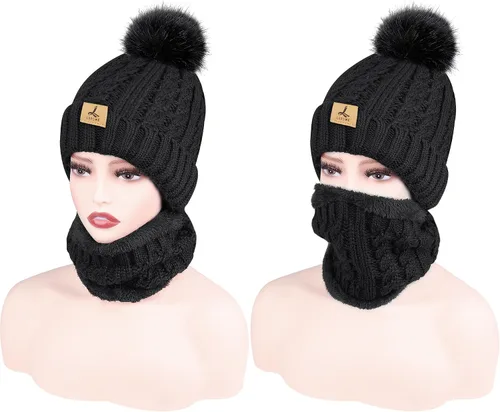 Vista 2 de Winter Beanie Hat Scarf Gloves Set, Soft Fleece Knit Hat Warm Touchscreen Gloves Neck Warmer Thick Scarves Gifts for Women