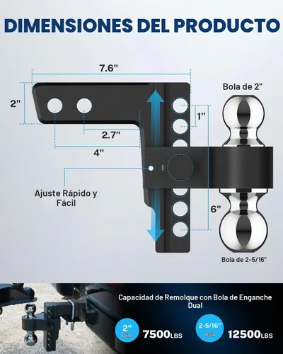 Vista 2 de Kohree Enganche de remolque ajustable de 6 pulgadas, se adapta a receptor de 2 pulgadas, enganche de caída y elevación, enganche de remolque