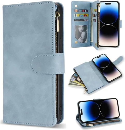 Vista 12 de ZZXX Funda tipo cartera para iPhone 14 Plus con [Bloqueo RFID] Ranura para tarjetas Cuero PU suave premium con cremallera tipo folio plegable
