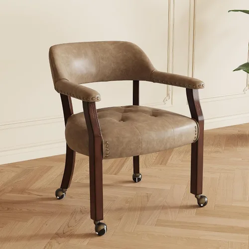 Vista 16 de Silla de comedor con ruedas y brazos, sillas de póker de PU, gris antiguo