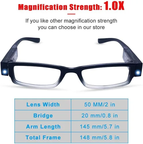 Vista 3 de Gafas de lectura con lupa de luz con lupa LED luz gafas de lectura nocturna marco gafas+1.0