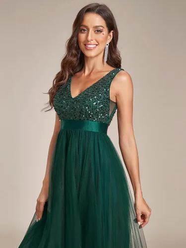 Vista 5 de Ever-Pretty Vestido de graduación para mujer, doble cuello en V, sin mangas, cintura imperio, lentejuelas, vestido formal de tul alto y bajo, 0147A