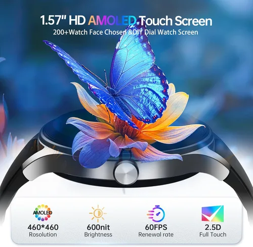 Vista 2 de Woneligo Reloj inteligente para hombre, AMOLED de 1.57 pulgadas, pantalla táctil, reloj de fitness para iPhone y Android, monitor de frecuencia