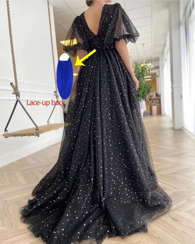 Vista 2 de Xijun - Vestidos de tul estrellado brillante para mujer, acampanados, con manga abombada y abertura, de estilo formal, para graduación, eventos