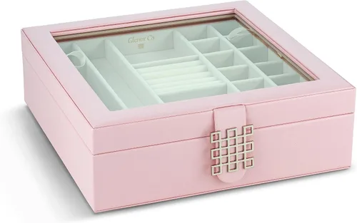 Vista 3 de Glenor Co - Joyero de 28 secciones, cierre magnético de 2 capas y hebilla, parte superior de cristal grande, diseño de cuero, rosa suave