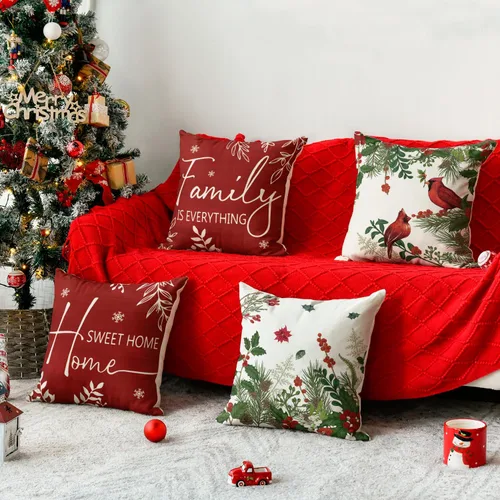 Vista 2 de AVOIN colorlife Fundas de Cojines Decorativos Navideños Cardinal Home Sweet Home Poinsettia Bayas de Acebo, 16 x 16 Pulgadas Family is Everything