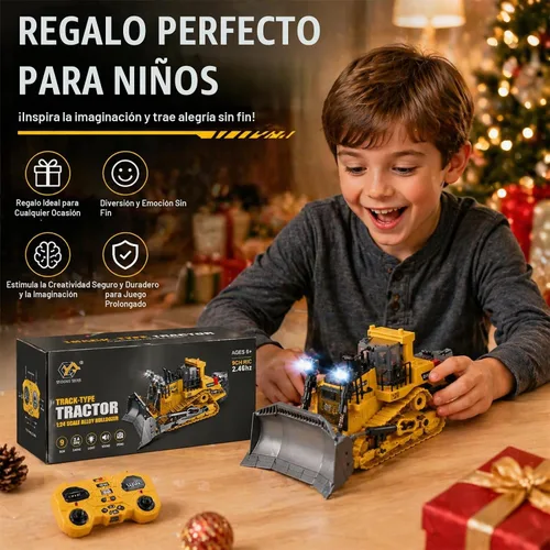 Vista 7 de YESHIN Bulldozer a control remoto, tractor de metal de 9 canales con luces y sonido, juguete de vehículo de construcción de 2.4 GHz, recargable