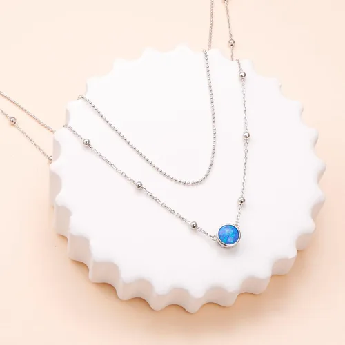 Vista 2 de Sterling Sliver Layered Necklaces for Women, Minimalism Long TripleOpal Double Choker Pendant Necklace for Girl Women, Multilayer Circle Necklace