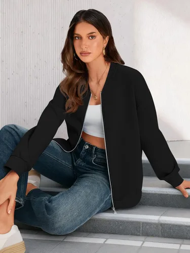 Vista 5 de MEROKEETY Sudaderas con cremallera de manga larga para mujer, chaquetas casuales holgadas de abrigo con bolsillos Negro