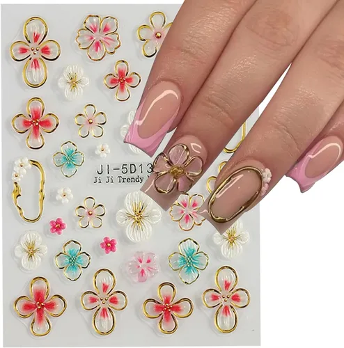 Vista 2 de 4 hojas de calcomanías de flores para arte de uñas, calcomanías de hibisco en relieve 5D, rosa, blanco, lirio, hibisco, flores tropicales, verano