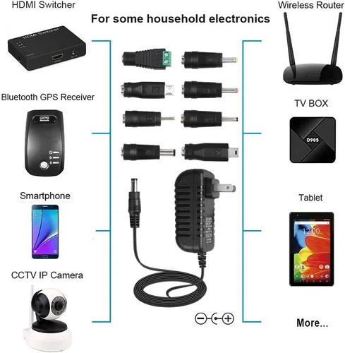 Vista 3 de Adaptador de corriente universal de 5V 2A con 8 puntas de enchufe, fuente de CA/CC, cable de 6.5 pies 8 interchangeable tips for routers, LED