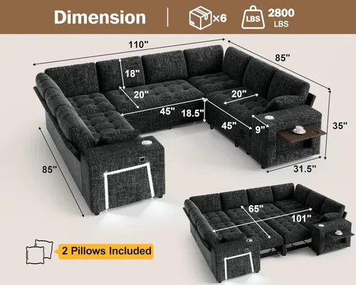 Vista 3 de Sofá modular modular de 8 asientos en forma de L de 111 pulgadas con cama Negro