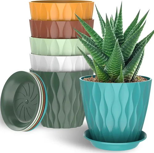 Vista 11 de Paquete de 6 macetas de interior de 6 pulgadas con agujeros de drenaje, macetas decorativas de plástico para exteriores, macetas de jardín con Con