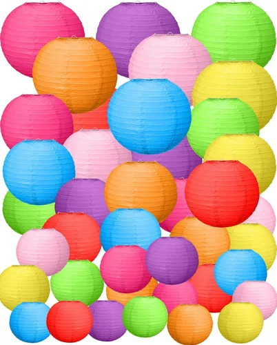 Vista 7 de Treela 60 Pcs Paper Lanterns Bulk for Wedding, 4'' 6'' 8'' 10'' 12'' Round Chinese Lanterns for Bridal Shower Birthday Party Decorations, Hanging