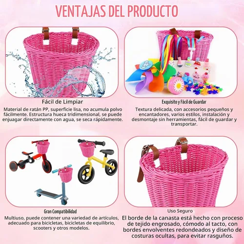 Vista 4 de Cesta de Bicicleta para Niños, Cesta de Bicicleta Desmontable para Niñas con Coloridas Serpentinas de Bicicleta, Campana de Bicicleta, Molinillo