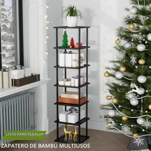 Vista 7 de Zapatero alto vertical para entrada, 7 niveles, delgado, estrecho, de madera de bambú, apilable, soporte de almacenamiento para botas, espacios Negro