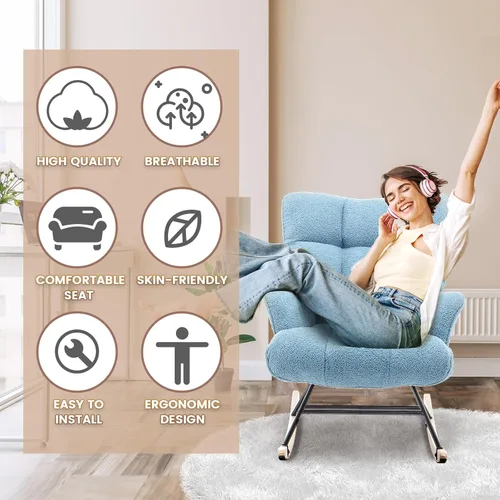 Vista 6 de Mecedora de cuarto de bebé con estilo oso de peluche, tapizada con respaldo alto, cómoda y elegante butaca acentuada con asiento acolchado para Azul