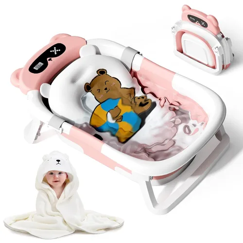 Vista 13 de Bañera para bebé, bañera plegable para recién nacidos a niños pequeños (0-18 meses), bañera plegable para viajar con termómetro, cojín suave, azul
