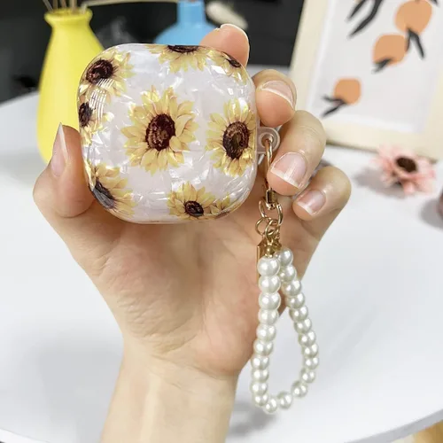 Vista 3 de Compatible con Samsung Galaxy Buds 2 Pro/2 Funda floral con llavero de perlas lindo para mujer, funda protectora Girasol