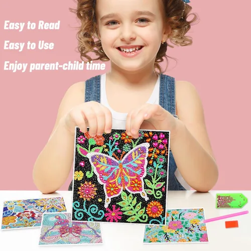 Vista 4 de ZUYUSUT Paquete de 4 bonitos kits de pintura de diamantes con flores de mariposa para niños y niñas de 3 a 12 años, manualidades, juegos de pintura