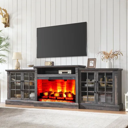 Vista 10 de AMERLIFE Soporte de TV con chimenea de 70 pulgadas para televisores de hasta 80 pulgadas, consola multimedia con armarios de almacenamiento