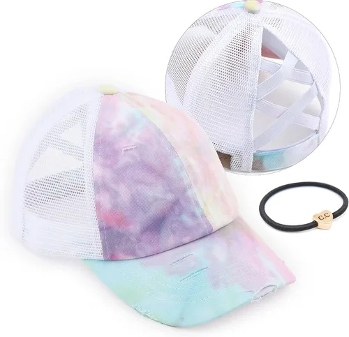 Vista 22 de C.C Gorra de béisbol de malla con diseño de estrella brillante, gorra de camionero ajustable para moño o cola de caballo Una banda elástica-negro