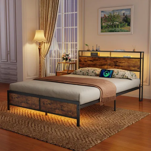 Vista 3 de Base de cama matrimonial con luces LED y 2 puertos de estación de carga USB, base de cama de plataforma de tamaño matrimonial, no necesita somier