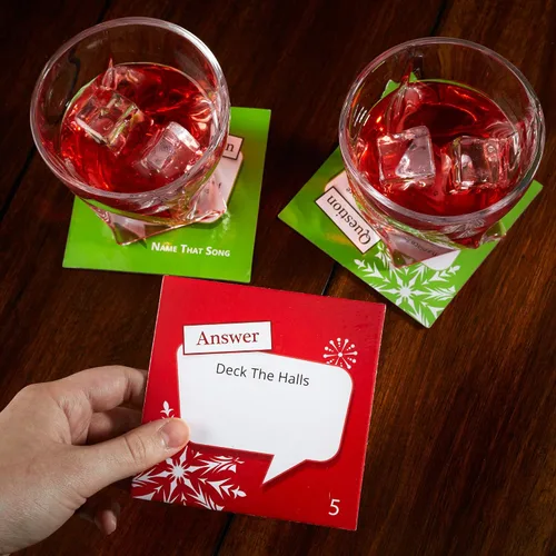 Vista 7 de Posavasos temáticos navideños de trivia de Name That Song - Posavasos navideños con temática de Navidad - Juego de 20