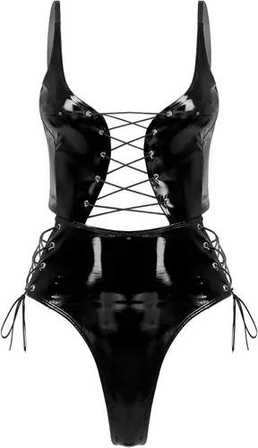 Vista 4 de YiZYiF Body de tanga de corte alto de piel de PVC para mujer