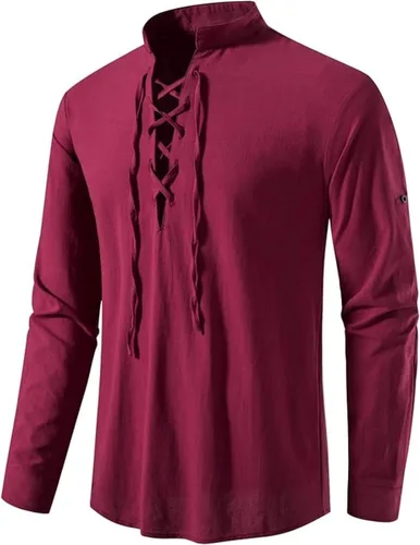 Vista 3 de Camisas de manga larga para hombre, estilo retro, con cordones para disfraz medieval, vikingo, hippie, Halloween, cosplay, pirata, renacentista