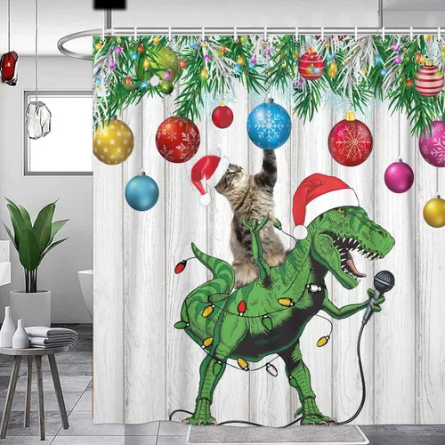 Vista 2 de Divertida cortina de ducha de Navidad, bonito dinosaurio en sombrero de Papá Noel cantando Feliz Navidad para niños, niños y niñas, decoración