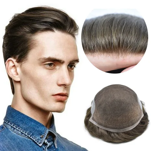 Vista 36 de Toupee para hombres sistemas de reemplazo de piel sintética con encaje suizo para hombre, nudos blanqueados, línea capilar natural para hombres