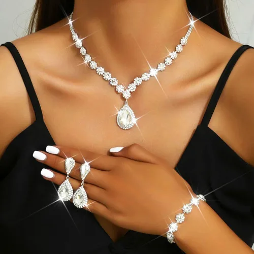 Vista 8 de Unicra Juego de joyas de boda para novia, collar de diamantes de imitación de plata, aretes y pulseras, joyería formal para mujeres y novias