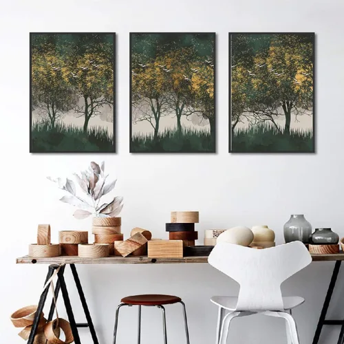 Vista 6 de Estilo nórdico, paisaje de bosque, pájaros voladores, punto dorado, luz de lujo, lienzo, imágenes artísticas de pared, carteles de decoración