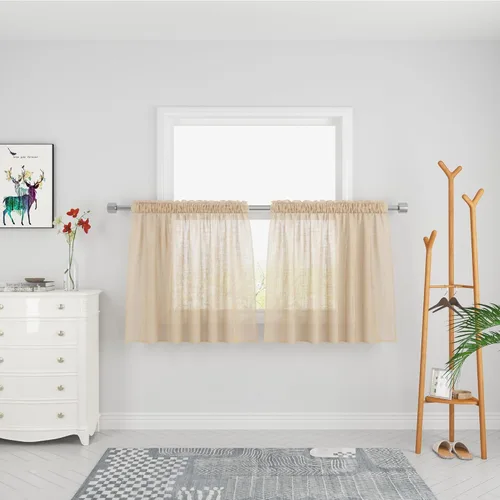 Vista 45 de UPOPO Paneles de Cortina Beige Pequeños Cortinas Transparentes de Gasa de 16 Pulgadas de Largo Cortinas de Cocina de Voile con Textura de Lino