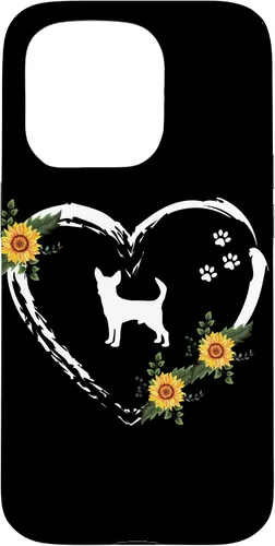 Vista 14 de Chihuahua With Paw Prints And Sunflower Heart On Black Case for iPhone 16